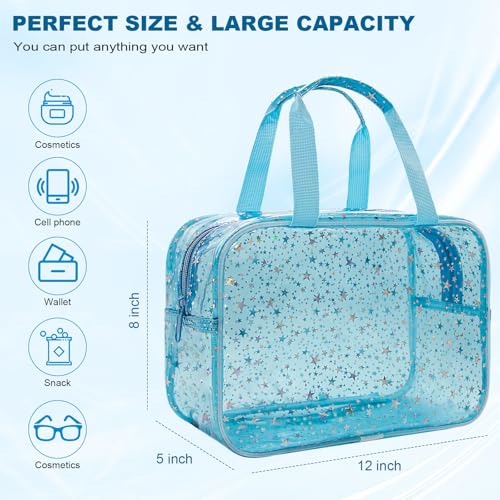 Clear Blue Star Large Makeup Bag with Star Pattern 12x5x8 inch, Travel Cosmetic Bag with Handle, Durable PVC Material Washbag Zipper Opening Design for Makeup Travel Organizer or Gym Use