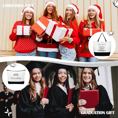 Buryeah 2 Pcs Book Lovers Gifts for Women Reusable Tote Bag Makeup Bag with Metal Zipper Book Club Gifts for Bookish Teacher Librarian Library Readers