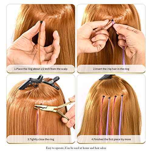 Hair Extension Tool Kit Stainless Steel Pliers Micro Beads Remover Hook Looper Hair Gripper Sectioning Clips Wefting Sewing Salon Barber Accessories (Gold)