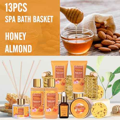 Gift Baskets for Women, Bath and Body Gift Set for her with 13pcs Honey Almond Scented Spa Gifts for Women, Bath Sets Includes Scented Candle, Shower Steamer, Bubble Bath, Bath Salt. Mothers Day Gifts