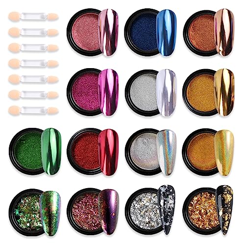 Chrome Nail Powder Set 14 Colors Pink Blue Silver Metallic Effect Mirror Powder for Nails with Brushes Holographic Pigment Chameleon Flakes for Nails Gold Leaf Decoration Nail Supplies