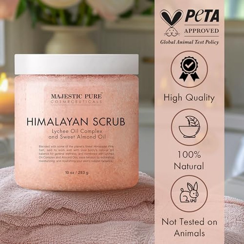 MAJESTIC PURE Himalayan Salt Body Scrub with Lychee Oil, Exfoliating Salt Scrub to Exfoliate & Moisturize Skin, Deep Cleansing - 10 oz