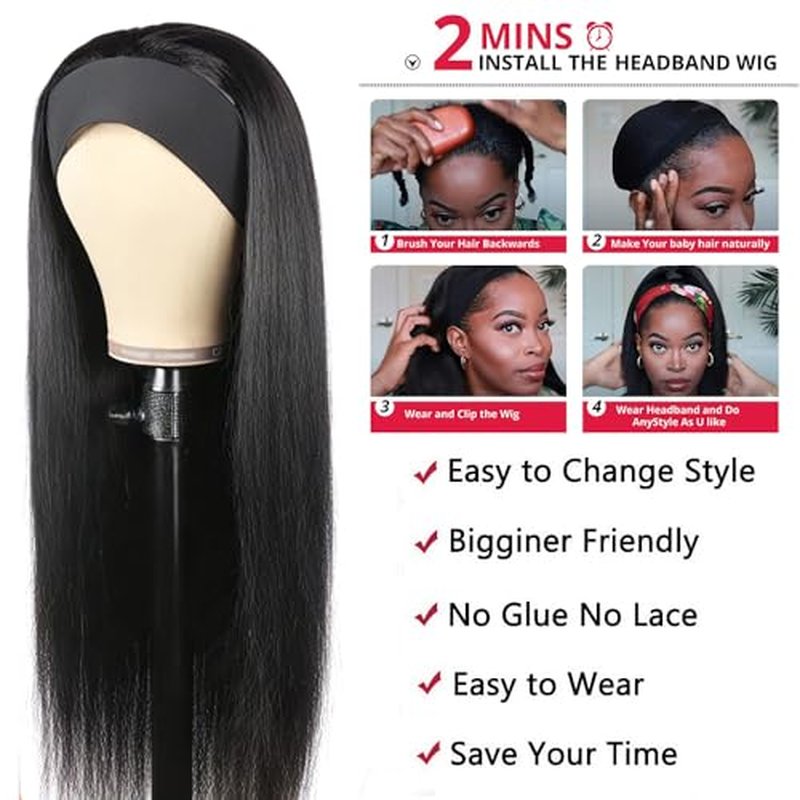 Headband Wig Straight Human Hair Wigs for Black Women Glueless None Lace Front Human Hair Brazilian Virgin Hair Machine Made Headband Wigs 150% Density Natural Color 24 Inch