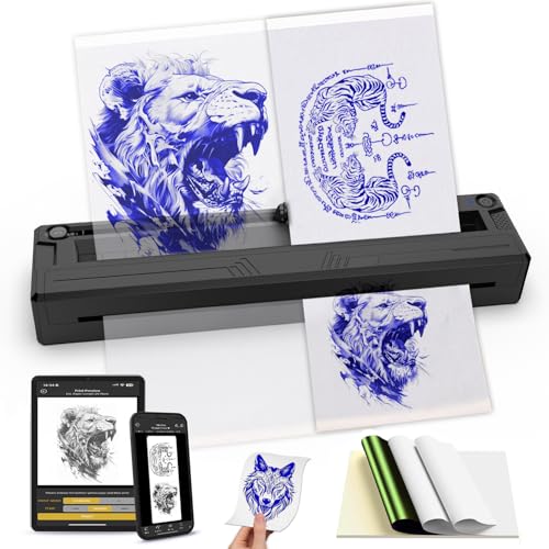 Wireless Tattoo Stencil Printer, Portable Bluetooth Thermal Tattoo Printer with App Custom-Size¡Â?A4, Print Realistic Portraits, 10 Transfer Papers Included, Works for Phone/Tablet/PC - Black