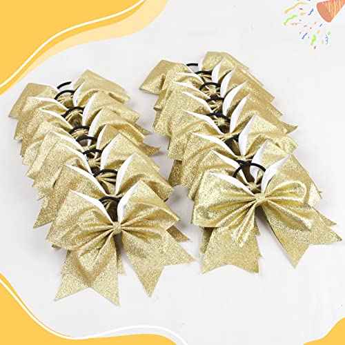16PCS 8" Large Glitter Cheer Bows for Cheerleaders, CN Sparkly Hair Bows with Elastic Hair Ties Accessories for Teens Girls Women Cheerleading Softball Competition Sports (Gold)