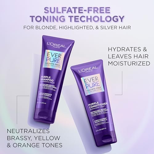 L¡¯Oreal Paris EverPure Sulfate Free Brass Toning Purple Shampoo and Conditioner Set for Blonde, Bleached, Silver, or Brown Highlighted Hair, 1 Kit