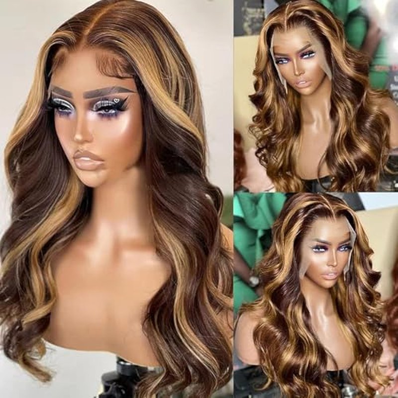 Honey Blonde Ombre Lace Front Wig Human Hair 13x4 HD Lace Front Wig 4/27 Highlight Ombre Body Wave Lace Frontal Glueless Wigs Pre Plucked with Baby Hair 28 Inch