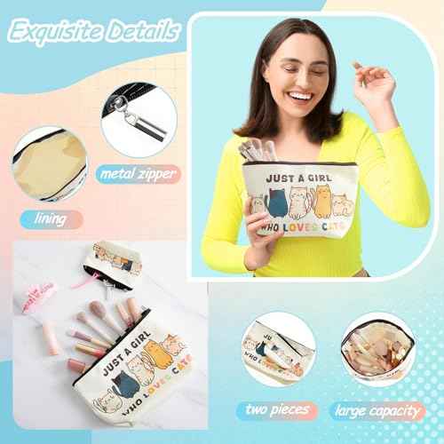 2 Pack Cat Makeup Bags with Zip Just a Girl Who Love Cats Cosmetic Bags Cat Lover Gifts for Daughters, Sisters, Friends, Teen Girl, Women, Ideal Gifts for Travel, Birthdays, Christmas