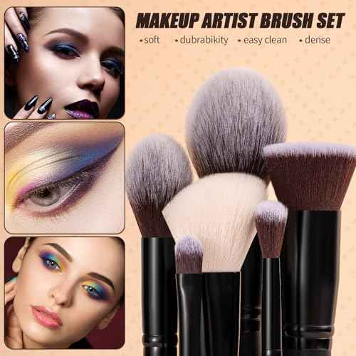ZAMEL Professional Travel Goat Hair Makeup Brushes Set, 15Pcs Kabuki Face & Eye Makeup Brush set Ultra Soft Dense Flat Foundaiton Blush And Extra-large loose Powder Brush Eyeshadow