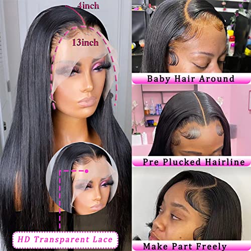 bunGiol Straight HD Transparent Lace Front Wigs Human Hair 13x4 for Black Women Glueless Brazilian Virgin Frontal Hairline 180% Density Pre Plucked with Baby Hair Black 24 inches