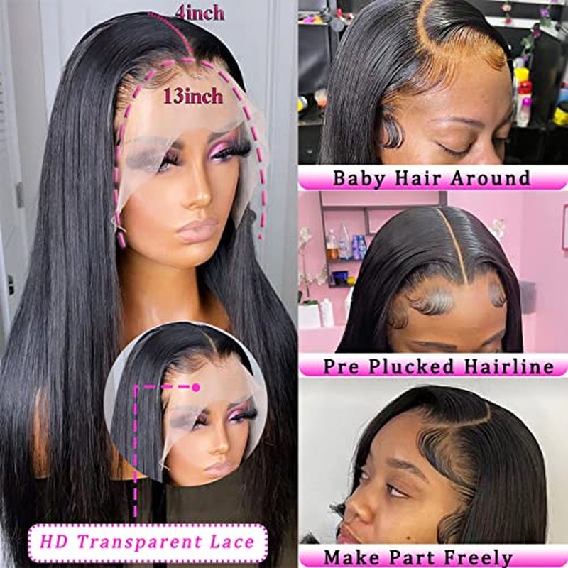 bunGiol 30 inch Lace Front Wig Straight Lace Frontal Wigs Pre Plucked with Baby Hair 180% Density 13X4 Brazilian Virgin Human Hair Wigs for Black Women Natural Black Color