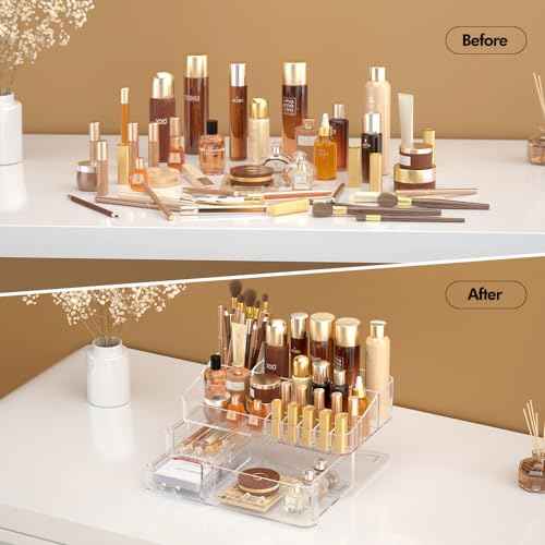 Makeup Organizer for Vanity, Acrylic Large Desk Organizer with Drawers, Ideal Vanity Holder for Cosmetics, Lipsticks, Nail Polish, Skincare, Countertop, Bathroom, Dresser