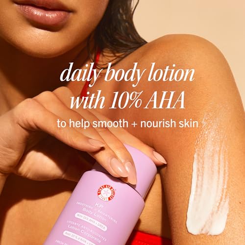 First Aid Beauty - KP Smoothing + Brightening Body Lotion with 10% AHA, Lactic Acid, Urea + Colloidal Oatmeal, Exfoliate & Moisturize, Banish Keratosis Pilaris Bumps, NEW Peach Scent (6. 7 fl oz)
