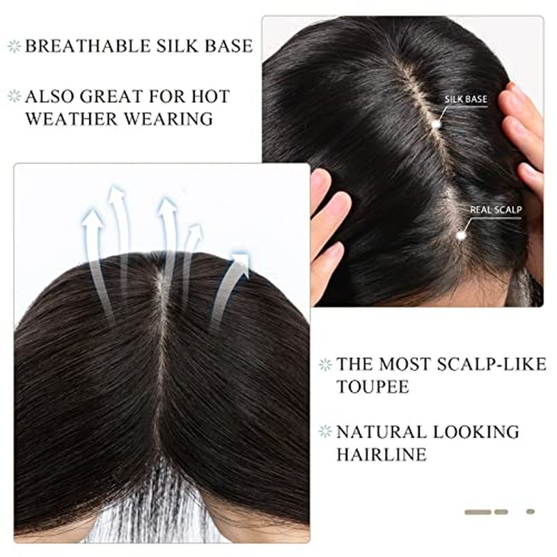 Hairro Human Hair Toppers for Women, Clip in Real Hairpieces, 130% Density 3"x5" Silk Base with Free Parting, for Covering Greyish Thinning Hair Loss/Adding Volume, 6 Inch Dark Brown