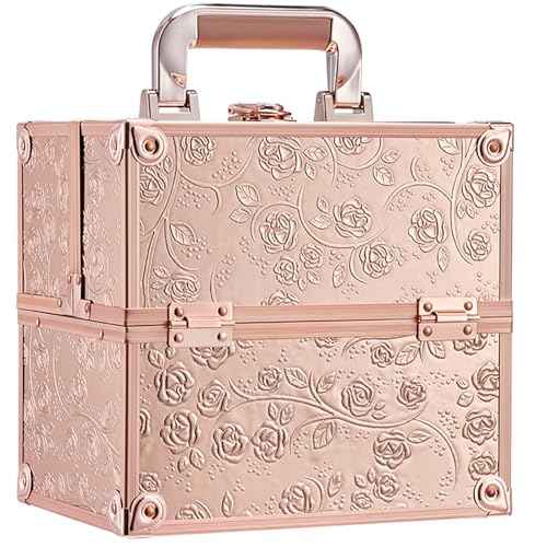 FRENESSA Makeup Train Case Cosmetic Box Portable Makeup Case Organizer 4 Trays Lock Travel Storage Organizer with Dividers Make Up Artist Vanity Hard Nail Spa Beauty Box Rose Gold Floral