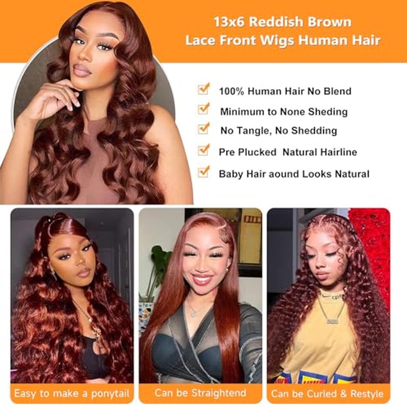 Reddish Brown Lace Front Wigs Human Hair Body Wave 13x6 HD Lace Front Wig Human Hair 180% Density Wear and Go Glueless Auburn Wigs Human Hair Pre Plucke Brown Wigs for Women 26 Inch