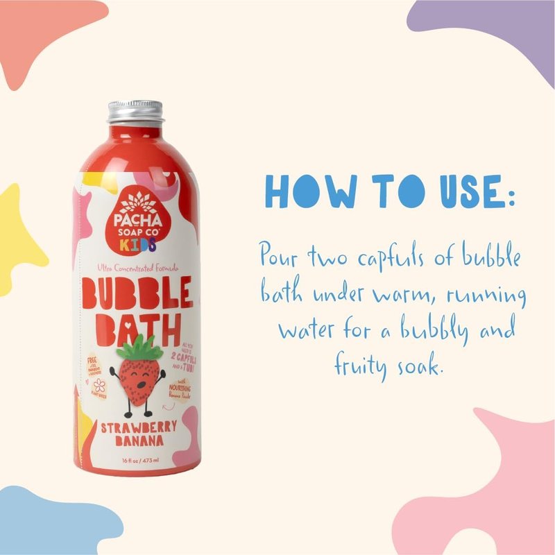 Pacha Soap Co. Kids Bubble Bath - Strawberry Banana, Tear-Free & Moisturizing | Ultra-Concentrated 2-Pack