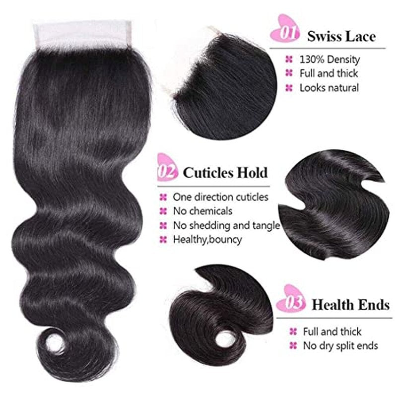 Nadula Hair 12A Body Wave 4x4 lace Closure Free Part, 100% Unprocessed Brazilian Human Virgin Hair Top Swiss Lace Closure with Baby Hair Natural Black Color 16 inch