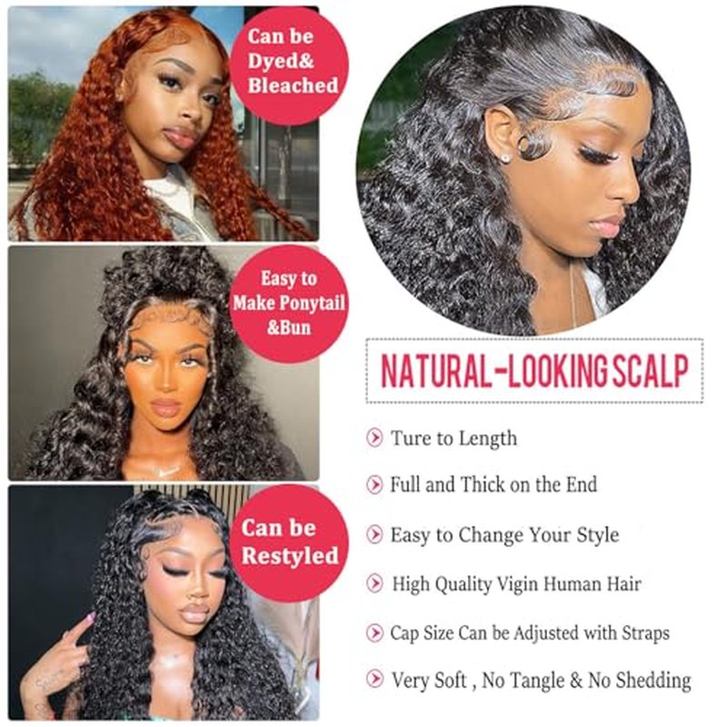 13x4 Deep Wave Lace Front Wigs Human Hair 24 Inch HD Deep Curly Lace Front Wigs Human Hair 200 Density Frontal Wigs for Women