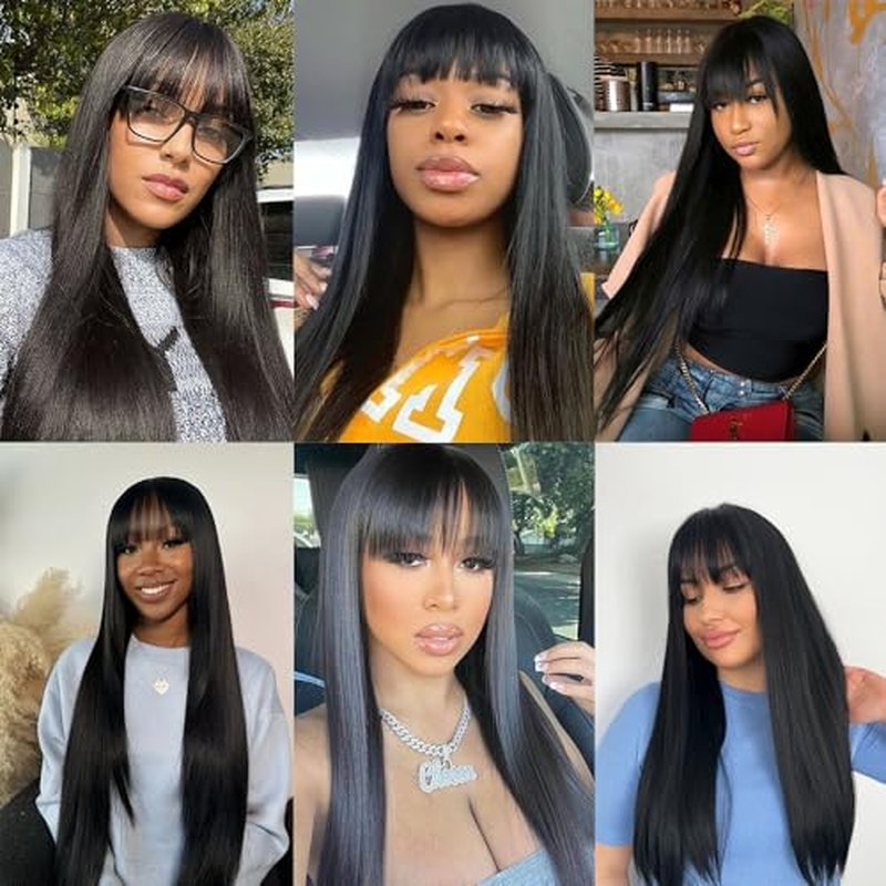Straight Wigs Human Hair with Bangs 180% Density Brazilian Virgin Human Hair Wigs Glueless Machine Made Wigs for Women None Lace Front Wigs Natural Color 20 Inch