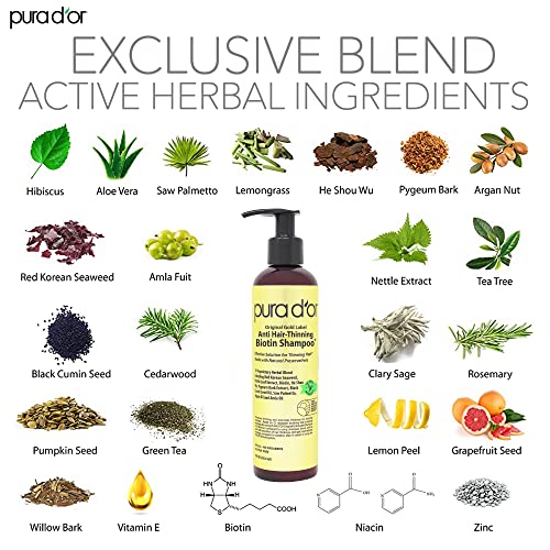 PURA D'OR 8 Oz Original Gold Label Anti-Thinning Biotin Shampoo Natural Earthy Scent, CLINICALLY TESTED Effective Results, Herbal Blend Hair Thickening Products, Women & Men, Color Treated Hair