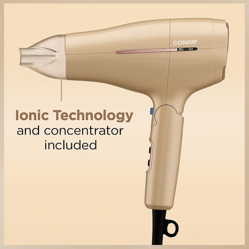 Conair 1875W Worldwide Travel Hair Dryer – Dual Voltage, Folding Handle, Ionic Technology – Champagne Compact Travel Blow Dryer for International Use