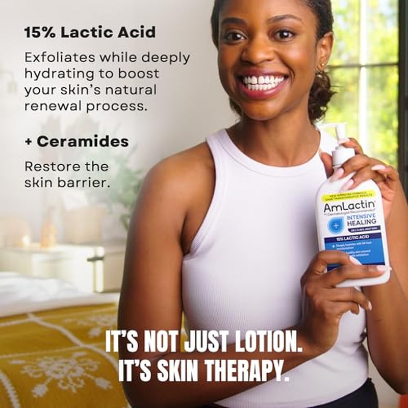 AmLactin Intensive Healing Body Lotion - Therapeutic Lotion for Extremely Dry Skin - No-Scrub Exfoliator and Moisturizer with 15% Lactic Acid AHA and Ceramides, 14.1 oz (Packaging May Vary)?