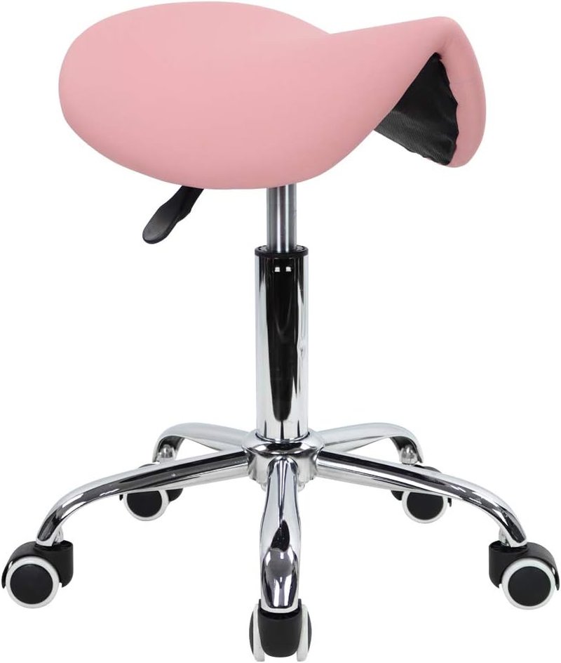 Adjustable Rolling Saddle Stool - PU Leather Swivel Salon Chair with Wheels | Pink