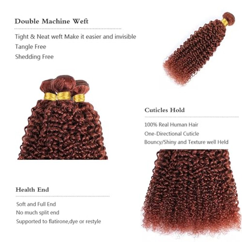 Color 33 Bundles Reddish Brown Kinky Curly Human Hair Bundles 10 12 14 Inch Double Weft Brazilian Virgin Reddish Brown Remy Hair Extensions for Black Women