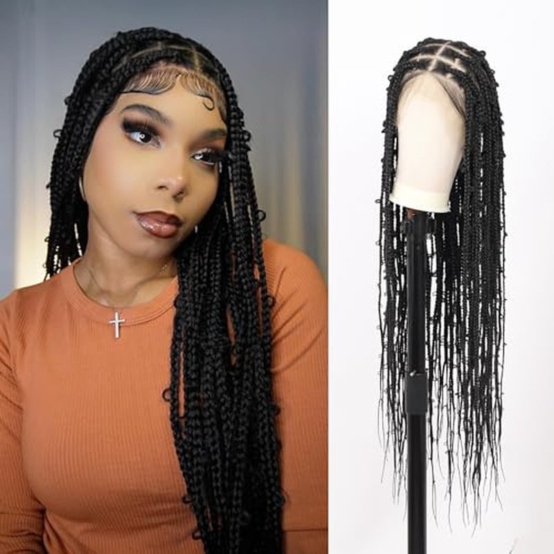 360¡Æ HD Full Lace Knotless Braided Wigs for Women Box Braid Wig with Baby Hair Premium Synthetic Natural Looking Black Butterfly Braided Lace Front Wigs 36 Inch