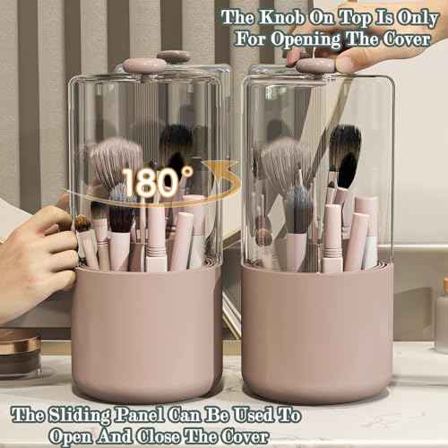 Makeup Brush Holder with Dustproof Cover, Clear 360 Rotating Make Up Brushes Organizer for Counter Vanity Bathroom, Pink