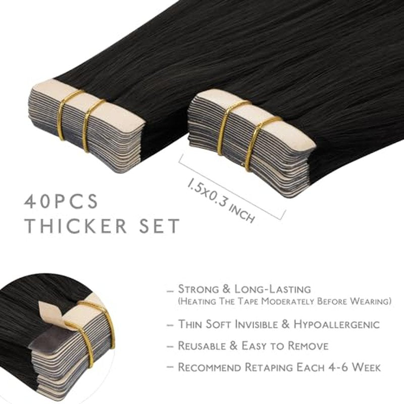 WENNALIFE Tape in Hair Extensions Human Hair, 40pcs 100g 20 inch Natural Black Hair Extensions Real Human Hair Straight Tape in Extensions Invisible Human Hair Extensions Reusable Real Hair Extensions