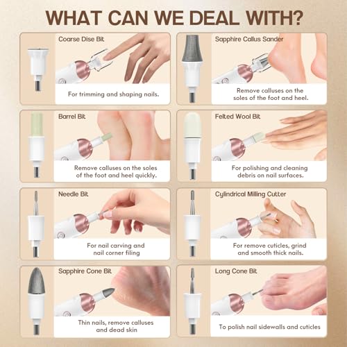 Eletorot Electric Nail File Set for Seniors, 8 in 1 Toenail Grinder Kit for Thick Nails, Professional Manicure and Pedicure Kit, Cordless Pedicure Tools for feet, 5 Speeds Nail Drill Machine