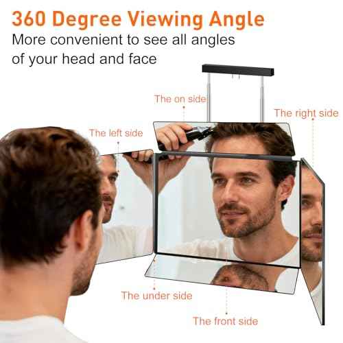 5 Way Mirror for Self Hair Cutting, 360 Haircuts Mirror Men for Barber Use Tools, to See Back of Head, Tri Fold with Portable Height Adjustable Telescoping Hooks