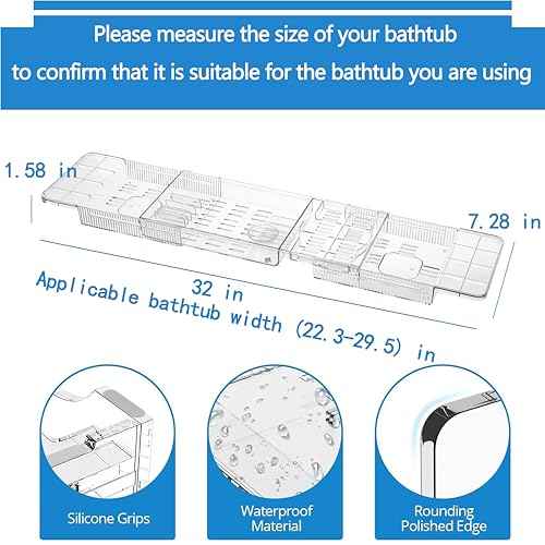 Expandable Bathtub Tray,Clear Plastic Anti-Slip Bath Tub Shelf Caddy Tray,Luxury Bathtub & Bathroom Accessories for Relaxing Spa,Suitable for bathtubs with an Internal Width of up to 29.5 inch