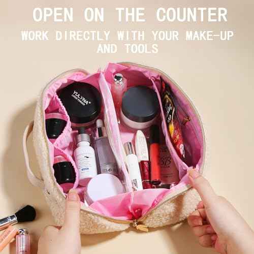 Makeup Bag - Large Capacity Travel Cosmetic Bag, Travel Toiletry Bag Cute Plush Makeup Pouch with Handle and Divider Flat Lay Portable Makeup Case Organizer for Women (Black)