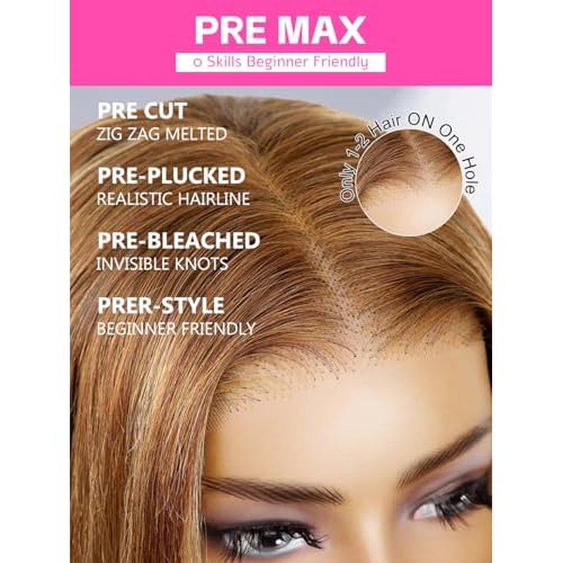 ORIGINAL QUEEN OQ Hair Glueless Wigs Human Hair 5x7 Bob Straight Wigs for Women Highlight Blonde Wear and Go Short Bob Wigs Pre Plucked Pre Cut Pre Bleached 4/27 Color 12Inch