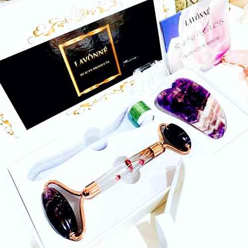 100% Authentic Amethyst Jade Roller and Gua Sha Set for face I Micro Needle I Facial Tools I Purple Guasha I Premium Quality I Mother's Day Gift. (4 PCS, Purple)