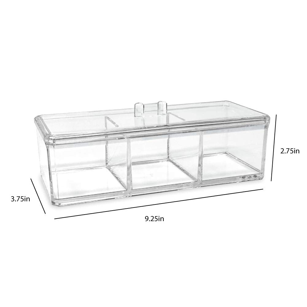 Isaac Jacobs 3-Compartment Clear Acrylic Rectangular Stackable Organizer with Lid, Multi-Sectional Drawer Tray, Storage Solution for Makeup, Craft Supplies, for Bathroom, Kitchen, Office (2, Clear)