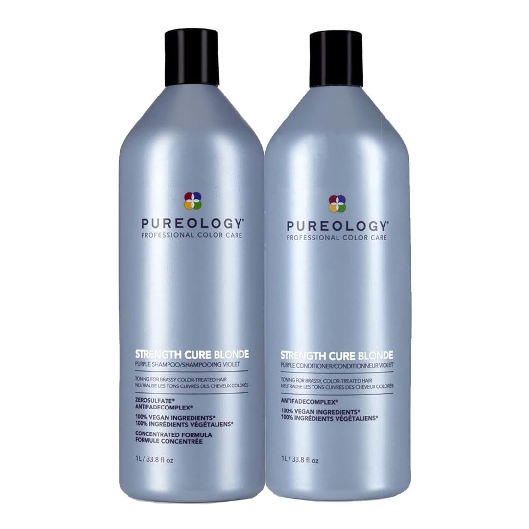 Pureology Strength Cure Blonde Purple Shampoo & Conditioner Bundle | For Blonde & Lightened Color-Treated | Sulfate-Free | Vegan | Updated Packaging | 33.8 Fl. Oz.