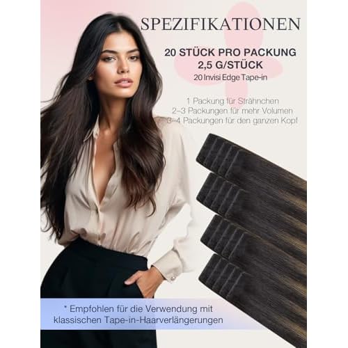 DOORES Invisible Tape in Hair Extensions Human Hair Invisi Edge, Dark Brown to Chestnut Brown 10 Injection Tape-ins with 10 Injection Tape-ins 50g 18 Inch, Human Tape in Extensions
