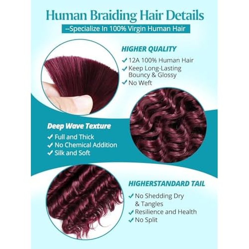 160g 5 Bundles/Pack Human Braiding Hair for Boho Braids Curly Boho Hair for Braiding Knotless 12A Deep Wave Bulk Bohemian Color 99J 22 Inch Burgundy