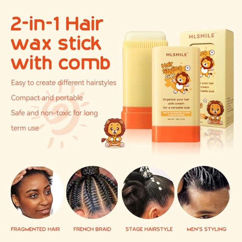 Hair Wax Stick for Baby Styling, 2-in-1 Design with Built-in Comb, Slick,for Kids Waxes, Moisturizing, Non-Greasy, Easy to Use, Compact and Portable