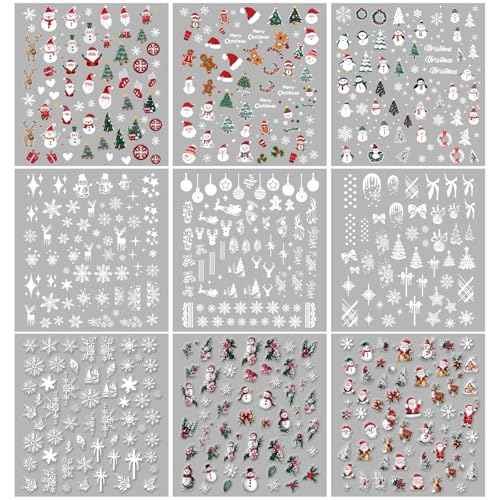 9 Sheets Christmas Nail Stickers for Girls Women and Kids, Nail Art Stickers Snowman Penguin Elk Santa for Nail Art Decoration with Tweezers for Christmas Stocking Stuffers & Gifts