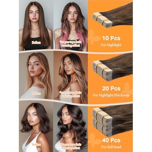 DOORES Tape-in Hair Extensions, Balayage Dark Brown to Chestnut Brown, 100g, 40pcs, 18 Inch Remy Straight Hair Skin Weft