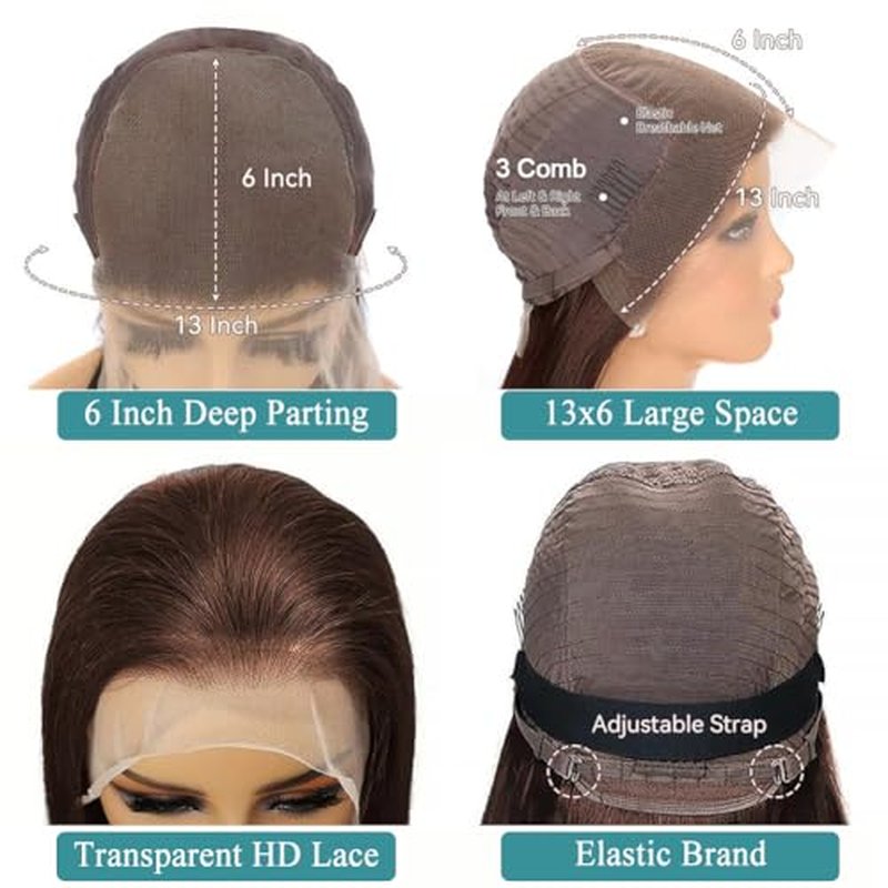 26 Inch brown Straight Lace Front Wigs Human Hair 13x6 HD Transparent Lace Front Wigs for Women Brazilian Virgin Hair Lace Frontal Wig 180% Density Pre Plucked with Baby Hair Hairline Natural Color