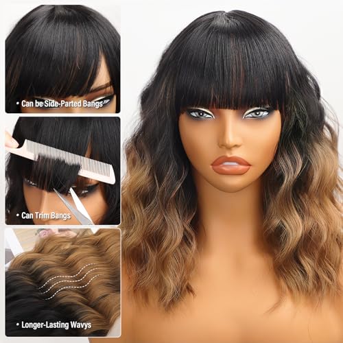 Nnzes Short Wavy Wig with Bangs for Women Shoulder Length Bob Curly Women's Charming Synthetic Wigs with Natural Wavy Black To Brown Heat Resistant Hair for Daily Party Use