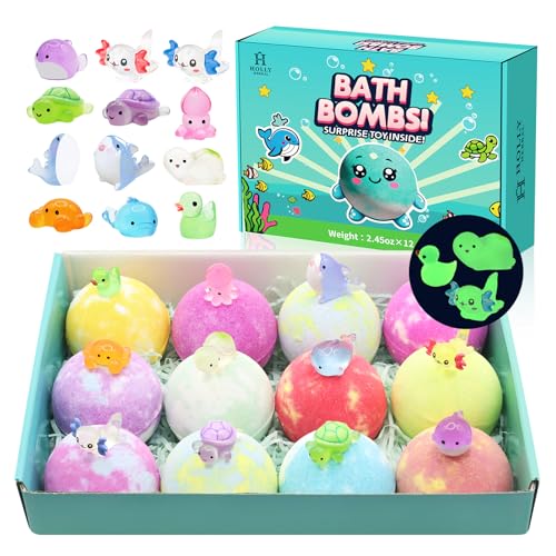 Bath Bombs for Kids with Toy Inside, 12 PCS Natrual Bath Bombs with Glow-in-The-Dark Surprise Inside, Perfect Handmade Birthday Christmas Gifts for 3 4 5 6 7 8 Years Old Boys Toddlers Girls