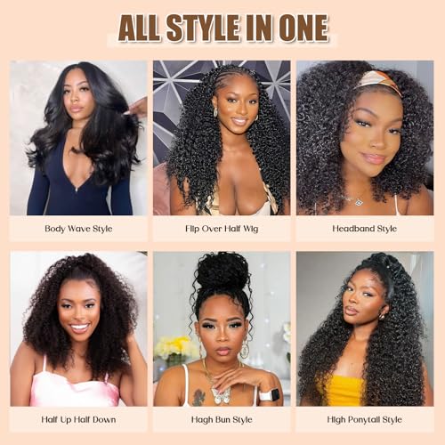 3 in 1 Half Wig Synthetic Hair, Seamless Flip Over Half Wigs Glueless Wear and Go Beginner Friendly Clip In Hair Drawstring Headband Wig for Women 1B, 16-26inch, Kinky Curly (26 inch)