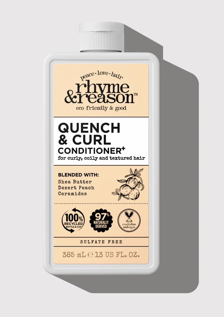 Rhyme & Reason Quench and Curl Shampoo & Conditioner Set. 13 Fl Oz Each Bottle. For Curly, Coily, Textured Hair. Blended with Shea Butter, Desert Peach Ceramides. Vegan, Sulfate Cruelty Free., Clear